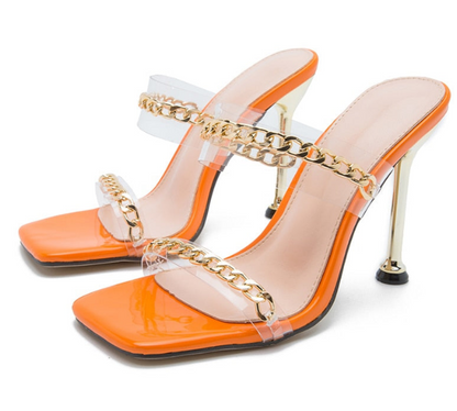 Fashion Chain Decoration PVC Transparent Strap Ladies Slippers Square Toe - Envious Designs