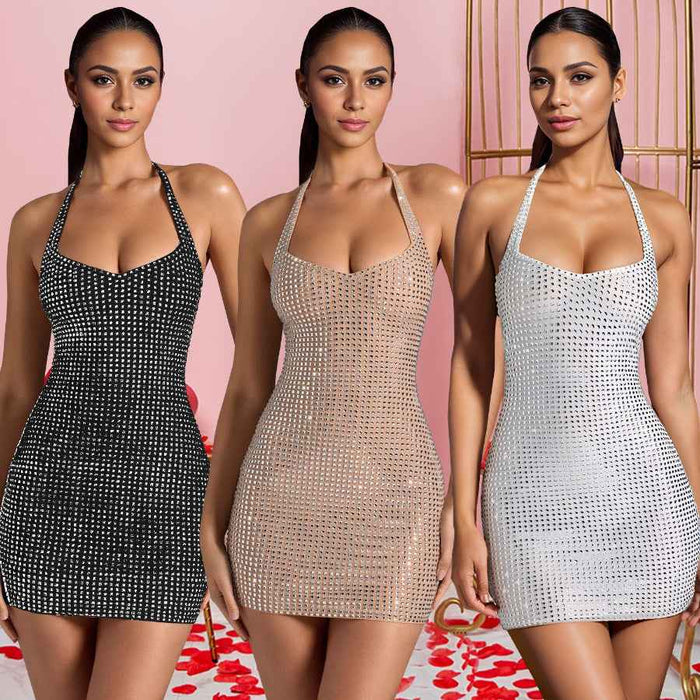 Fashion Sexy Halter Rhinestone Slim-fit Sheath Dress