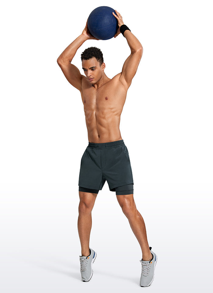 CRZ YOGA Men's Train Relaxed Fit Feathery-Fit 2 in 1 Shorts 5'' with Long Liner Melanite