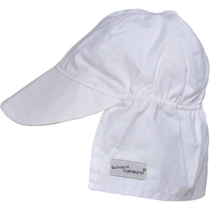 A white Flap Happy sun hat with a large brim and an elastic band around the head.
