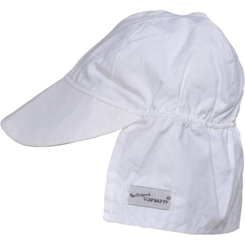 A white Flap Happy sun hat with a large brim and an elastic band around the head.