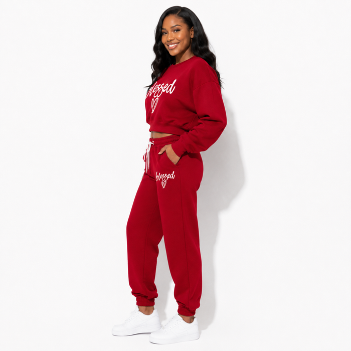 Red fleece two-piece set side view with Blessed print