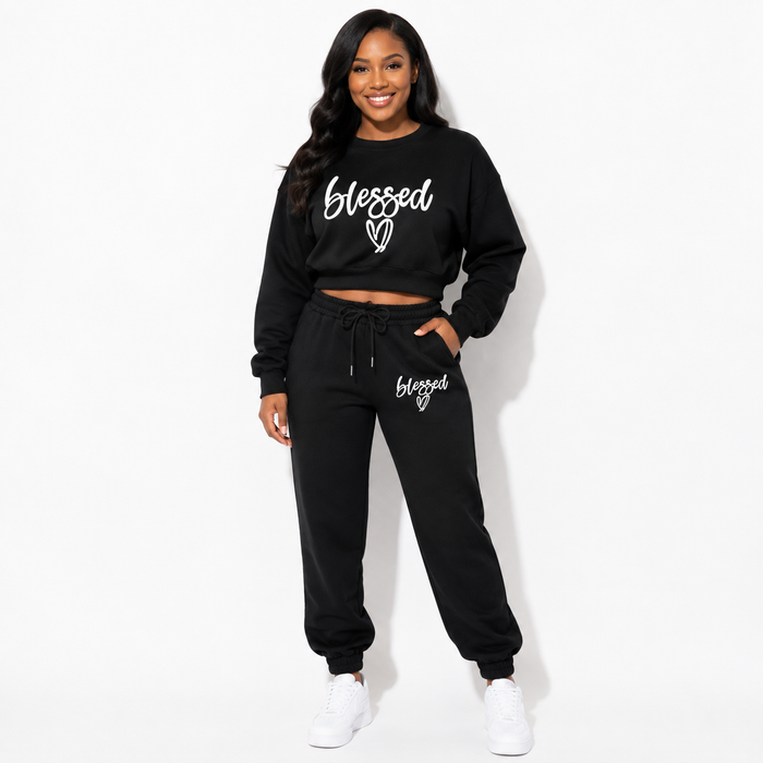 Black fleece two-piece set front view with Blessed print
