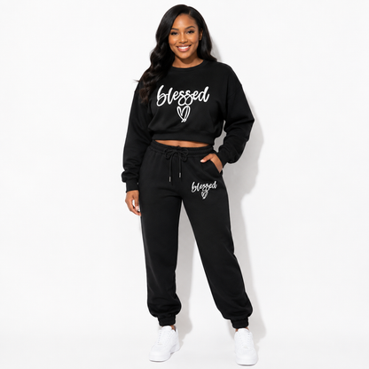Black fleece two-piece set front view with Blessed print