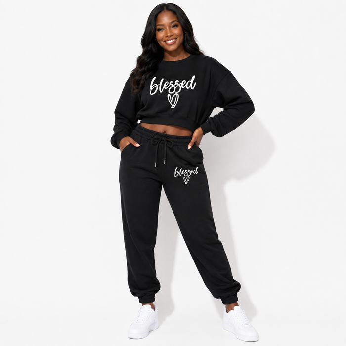Black Blessed fleece two-piece set commercial model view