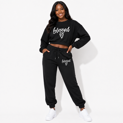 Black Blessed fleece two-piece set commercial model view