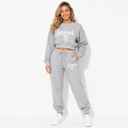 Grey Blessed fleece two-piece set lifestyle model image