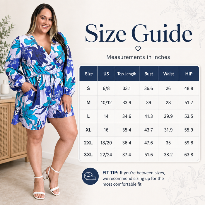 Size guide image for the women's long sleeve romper covering sizes S through 3XL to compare available sizing before ordering.