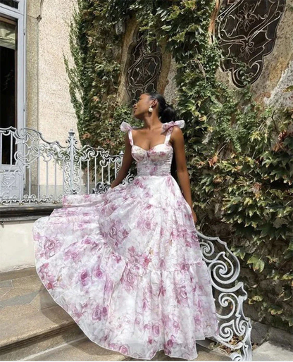 Flower Pattern Prom Dress Spaghetti Strap Princess Formal Occasion Dresses A-line Party Dress