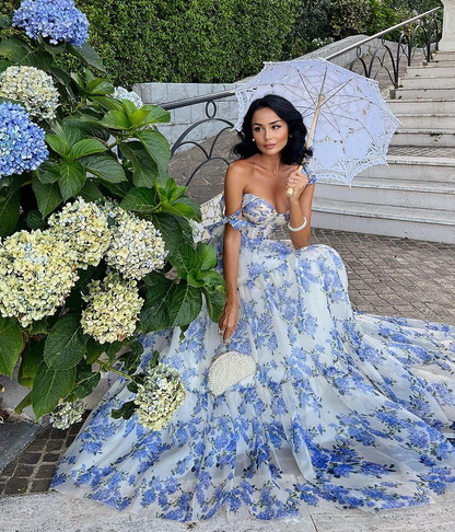 Flower Pattern Prom Dress Spaghetti Strap Princess Formal Occasion Dresses A-line Party Dress