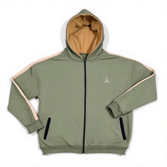 French Terry Zip Hoodie – Sage Colorblock (Loose Fit)