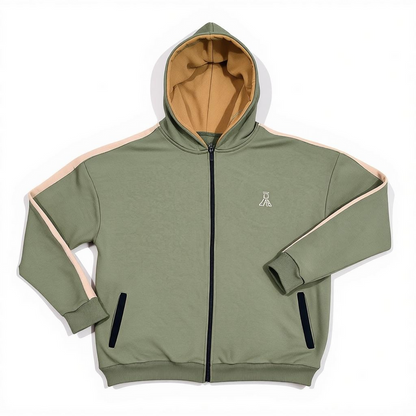 French Terry Zip Hoodie – Sage Colorblock (Loose Fit)
