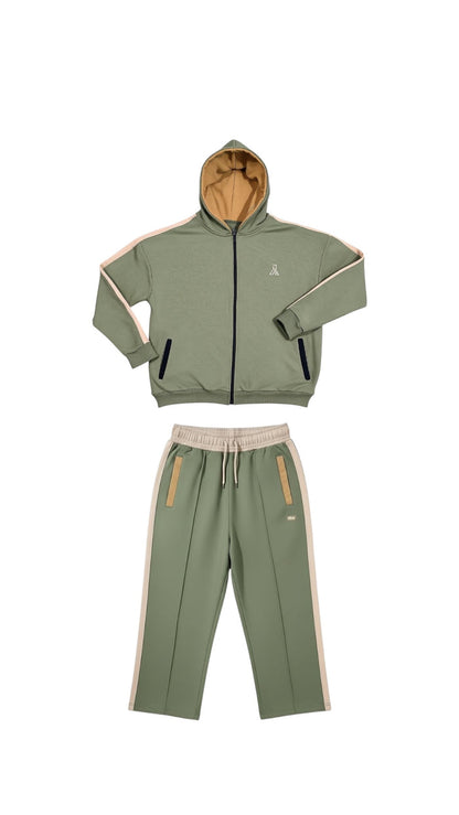 French Terry Zip Hoodie – Sage Colorblock (Loose Fit)