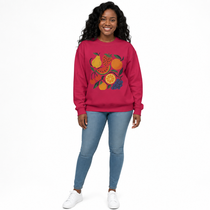 Fruit garden unisex sweatshirt in magenta on Black woman model front view