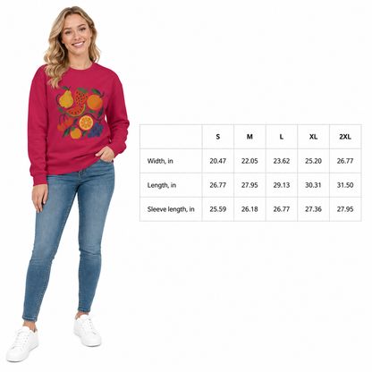 Fruit garden unisex sweatshirt magenta on model with size chart in inches