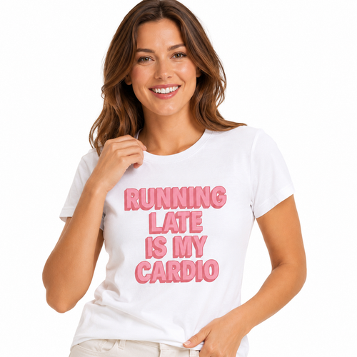 Funny running shirt for women with Running Late front graphic, crew neckline and short sleeves shown for casual outfit viewing.