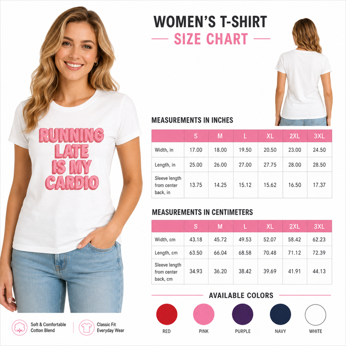 Women's Running Late graphic T-shirt shown from the front with crew neck, short sleeves and a clear printed running message.