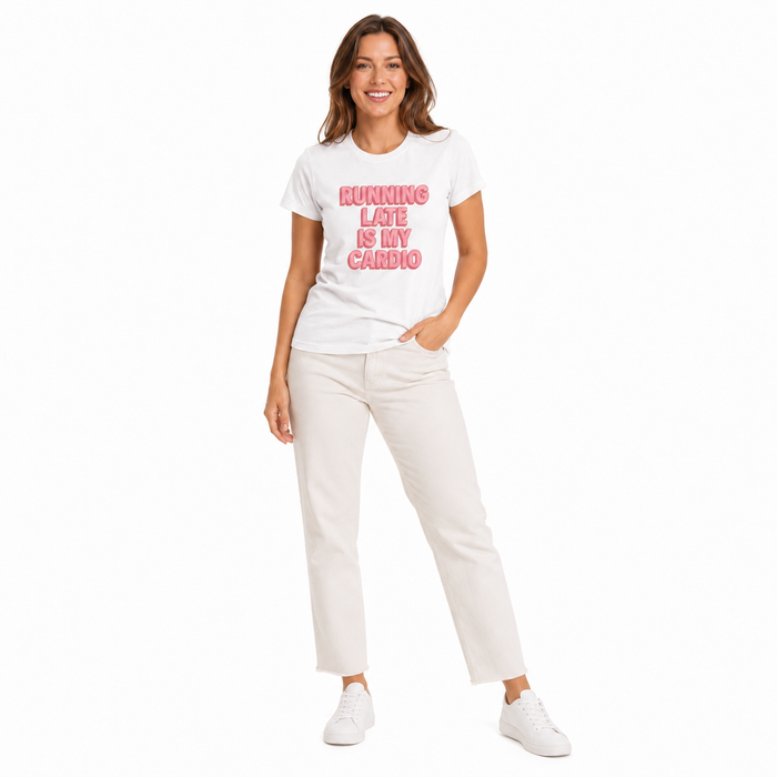 Women's cotton graphic tee with Running Late message displayed to show the front print, neckline and short sleeve construction.