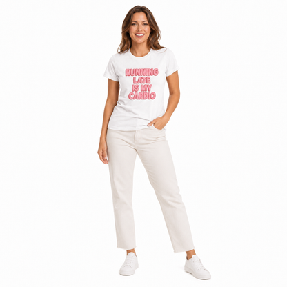 Women's cotton graphic tee with Running Late message displayed to show the front print, neckline and short sleeve construction.