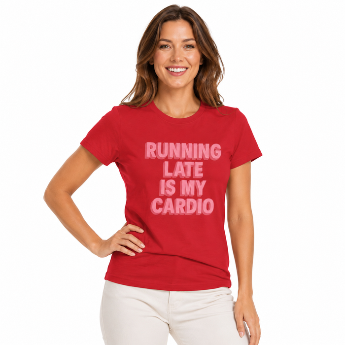 Funny running graphic T-shirt for women shown with the printed message centered on the front and a classic short sleeve shape.
