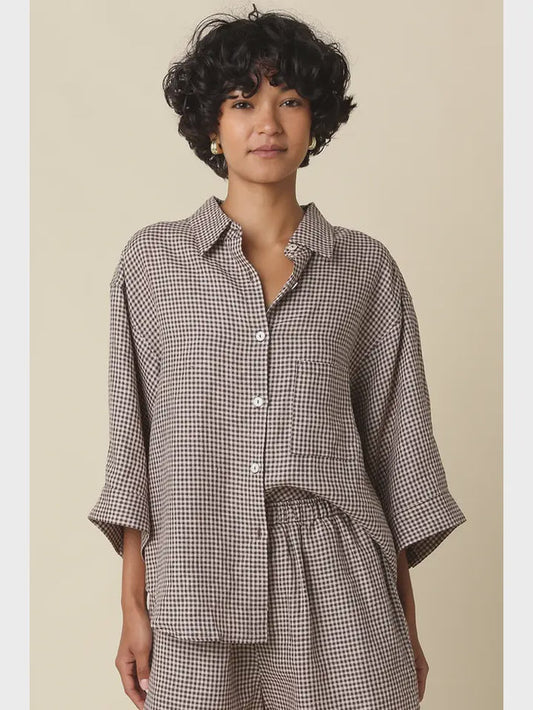 Gabi Gingham Linen Shirt in Brown