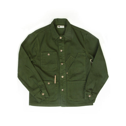 Front view of the Tellason Garment Dyed Coverall Jacket in olive green, showing the buttons down the front, five pockets, long sleeves, and a pencil in one pocket