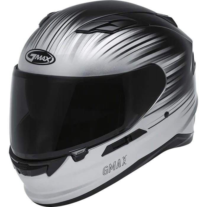 GMAX full-face motorcycle helmet in black and silver gradient graphic design.