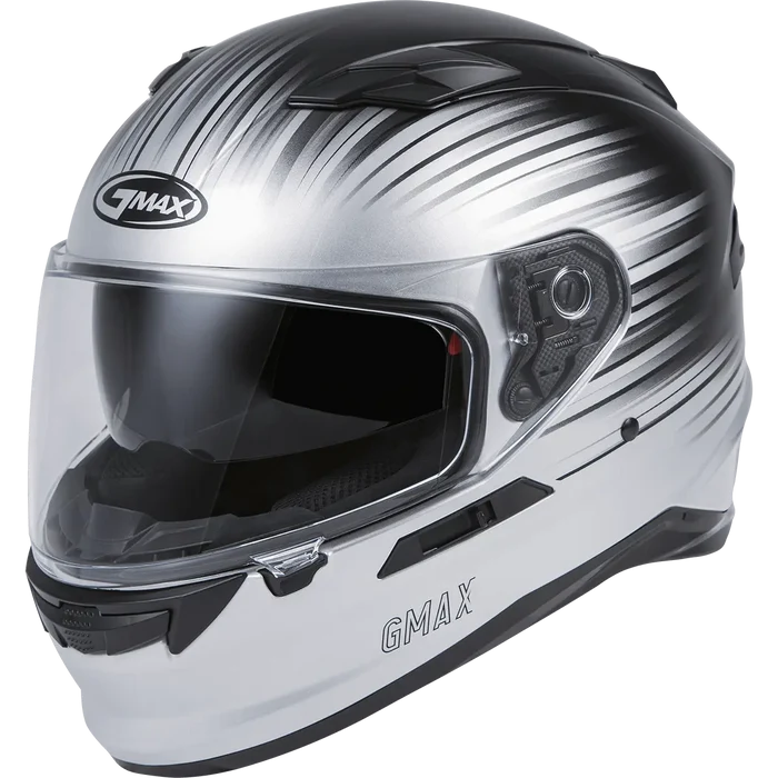 GMAX full-face motorcycle helmet with black and silver gradient graphics, clear visor view.