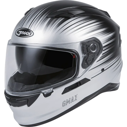 GMAX full-face motorcycle helmet with black and silver gradient graphics, clear visor view.