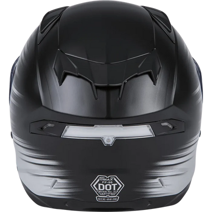 Rear view of GMAX full-face motorcycle helmet in black and silver gradient with DOT certification label.