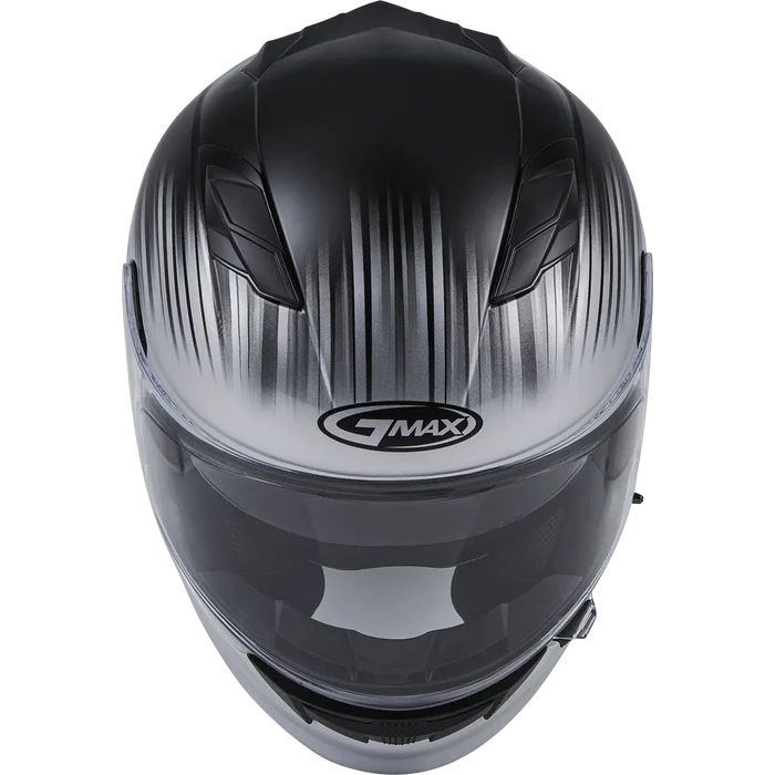 Top view of GMAX full-face motorcycle helmet in black and silver gradient showing ventilation design and aerodynamic styling.