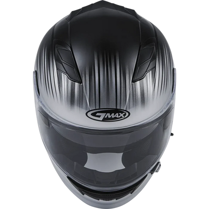 Top view of GMAX full-face motorcycle helmet in black and silver gradient showing ventilation design and aerodynamic styling.
