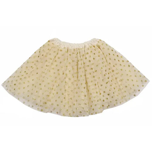 Sparkle Sisters Gold Small Dot Tutu — a full ivory tulle skirt scattered with small glitter gold dots, with a white elastic waistband, on a white background