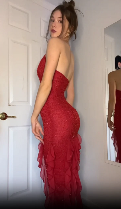 Gorgeous Red Halter Glitter Ruffle Mermaid Long Evening Dress