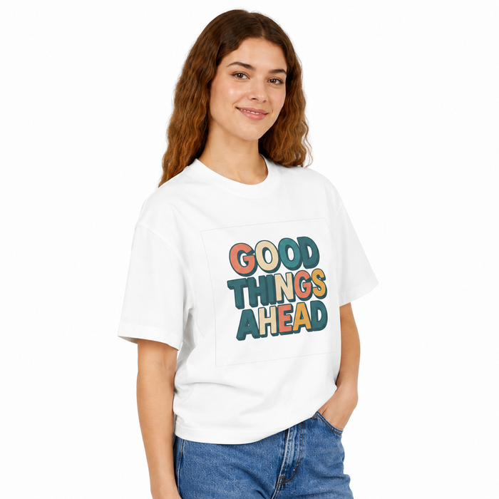 Good Things Ahead women’s graphic T-shirt shown in a styled outfit