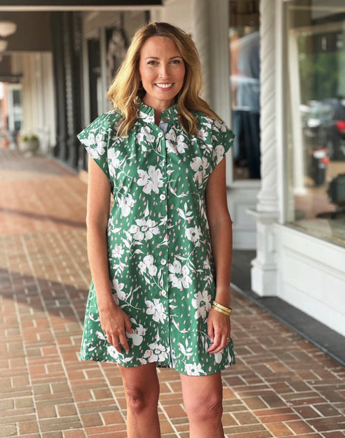 Green Button Down Floral Print Dress
