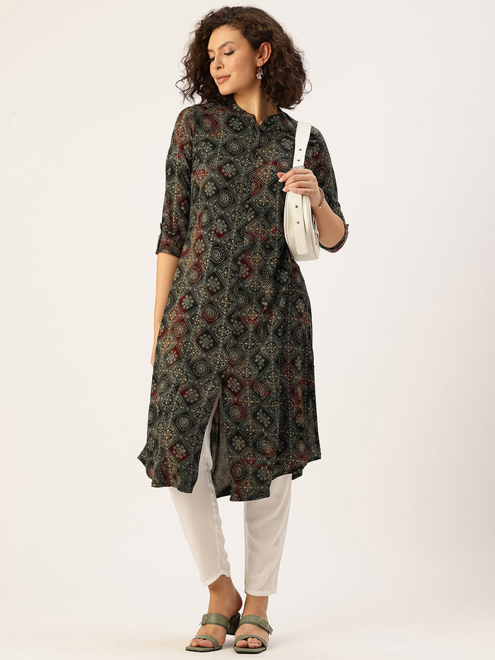 Green Geometric Printed Kurta, Princess Cur Kurta, A-Line Kurta, Floral Print, Mandarin Collar kurta, printed kurta