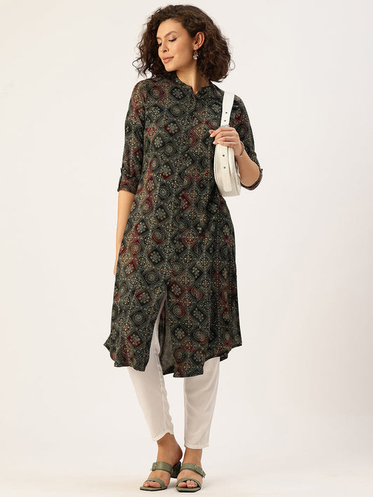 Green Geometric Printed Kurta, Princess Cur Kurta, A-Line Kurta, Floral Print, Mandarin Collar kurta, printed kurta