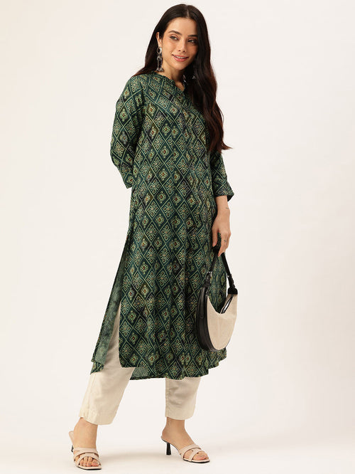 Green Geometric Printed Kurta, Princess Cur Kurta, A-Line Kurta, Geometric Print, Mandarin Collar kurta, printed kurta