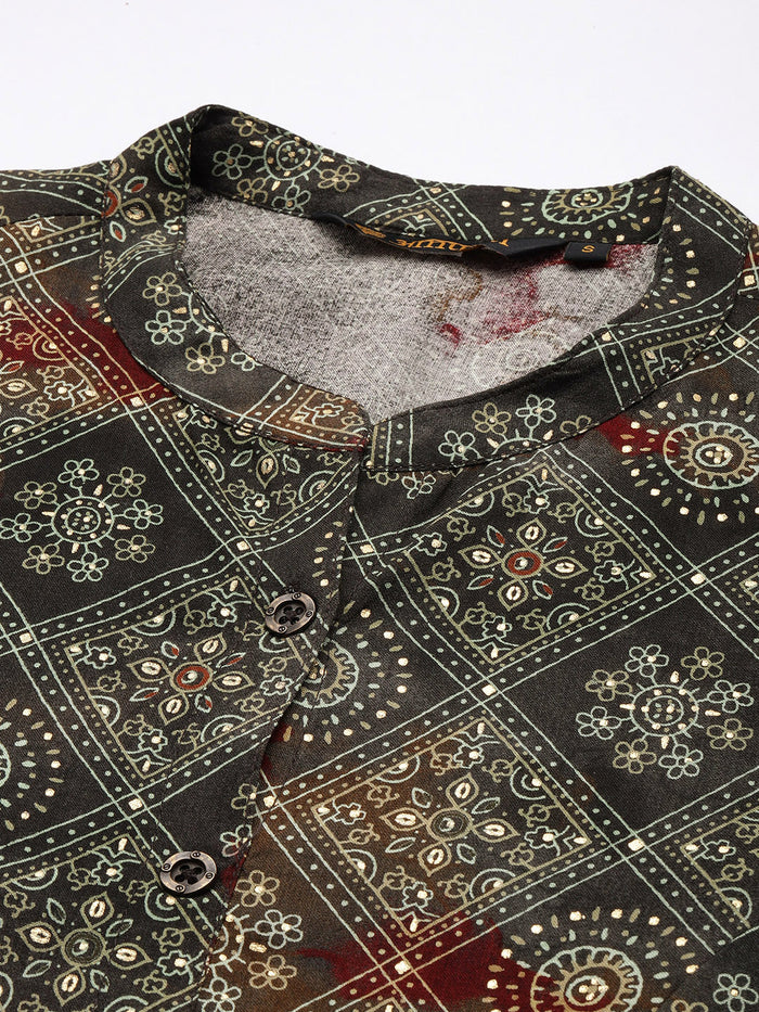 Green Geometric Printed Kurta, Princess Cur Kurta, A-Line Kurta, Floral Print, Mandarin Collar kurta, printed kurta