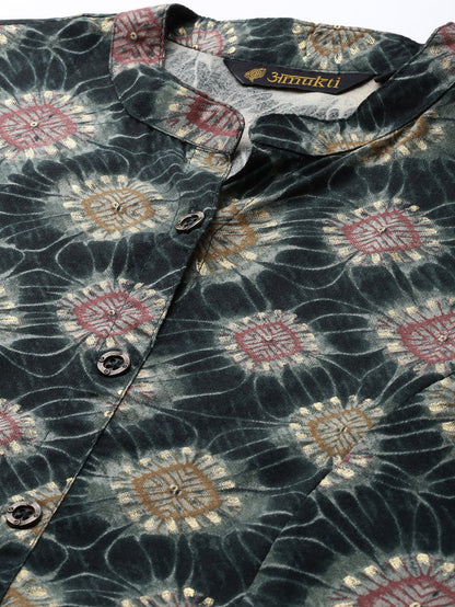 Green Geometric Printed Kurta, Princess Cur Kurta, A-Line Kurta, Geometric Print, Mandarin Collar kurta, printed kurta