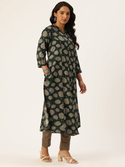 Green Geometric Printed Kurta, Princess Cur Kurta, A-Line Kurta, Geometric Print, Mandarin Collar kurta, printed kurta