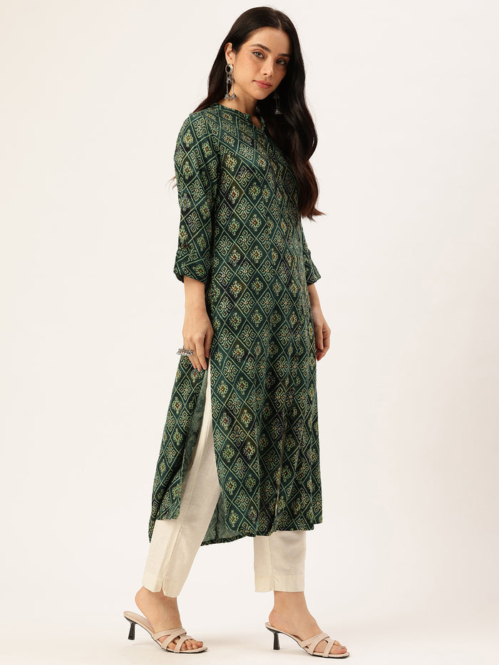 Green Geometric Printed Kurta, Princess Cur Kurta, A-Line Kurta, Geometric Print, Mandarin Collar kurta, printed kurta