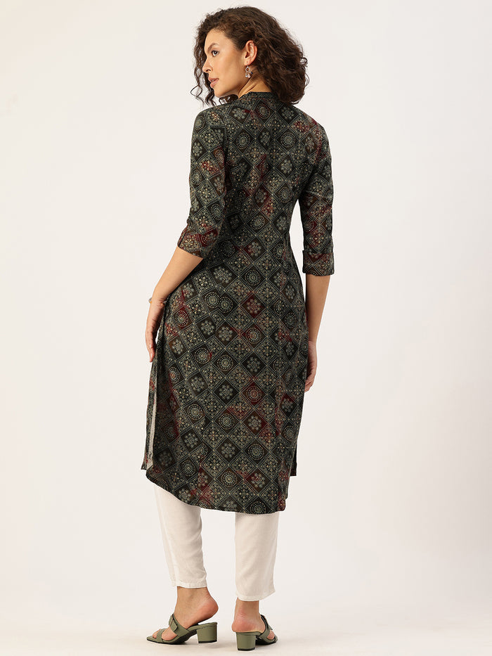 Green Geometric Printed Kurta, Princess Cur Kurta, A-Line Kurta, Floral Print, Mandarin Collar kurta, printed kurta