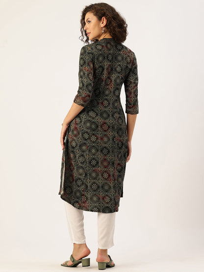 Green Geometric Printed Kurta, Princess Cur Kurta, A-Line Kurta, Floral Print, Mandarin Collar kurta, printed kurta