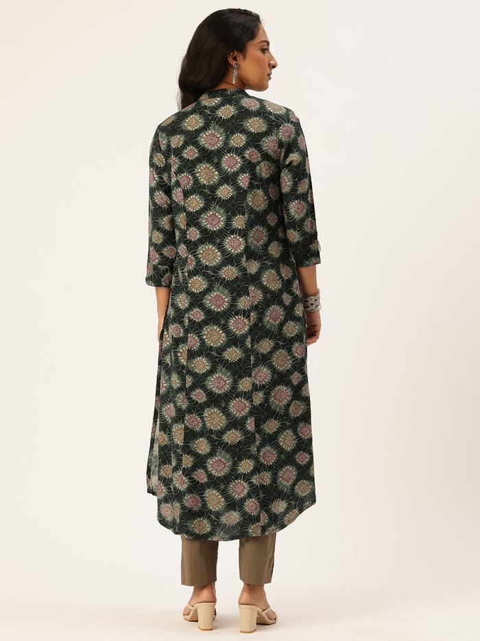 Green Geometric Printed Kurta, Princess Cur Kurta, A-Line Kurta, Geometric Print, Mandarin Collar kurta, printed kurta