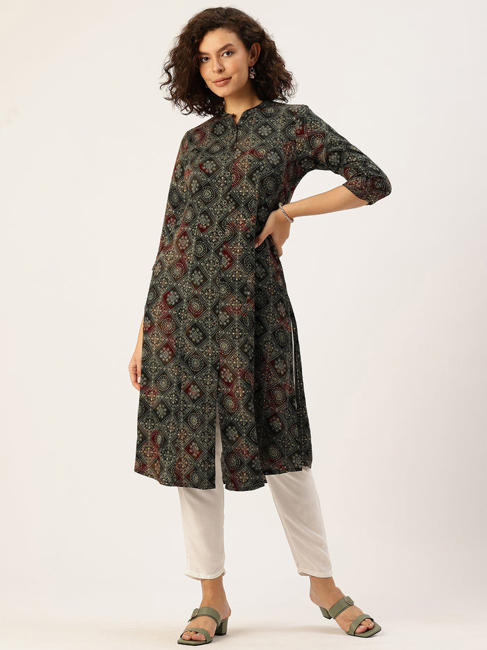 Green Geometric Printed Kurta, Princess Cur Kurta, A-Line Kurta, Floral Print, Mandarin Collar kurta, printed kurta