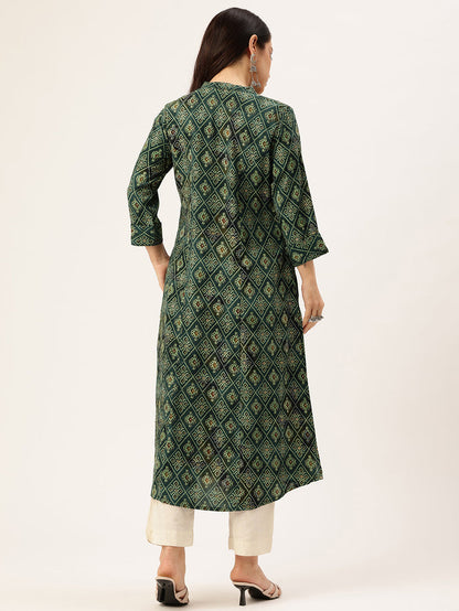 Green Geometric Printed Kurta, Princess Cur Kurta, A-Line Kurta, Geometric Print, Mandarin Collar kurta, printed kurta