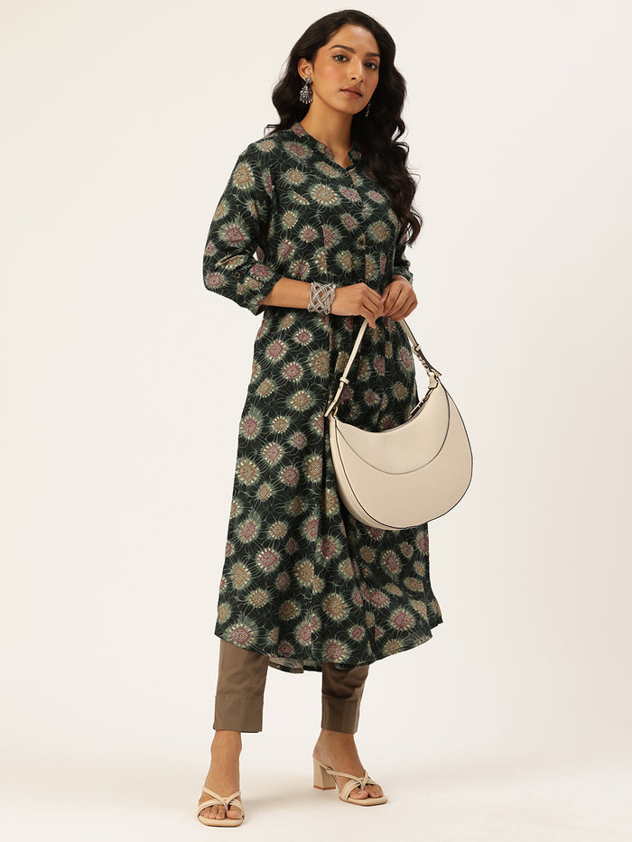 Green Geometric Printed Kurta, Princess Cur Kurta, A-Line Kurta, Geometric Print, Mandarin Collar kurta, printed kurta