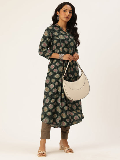 Green Geometric Printed Kurta, Princess Cur Kurta, A-Line Kurta, Geometric Print, Mandarin Collar kurta, printed kurta